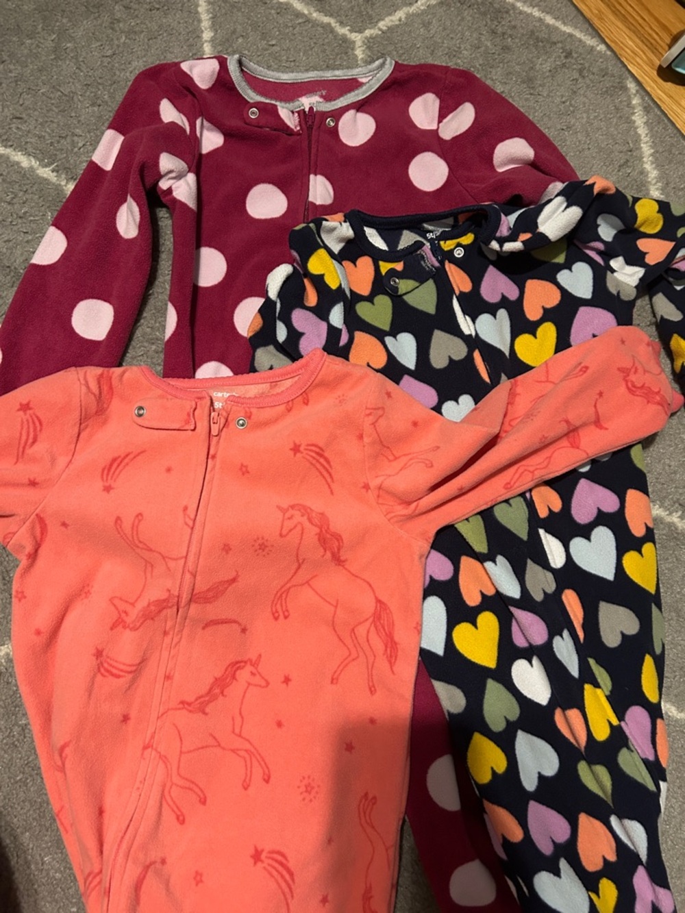 Girls 3-Pack Fleece Footless Sleepers - Polka Dot, Heart & Unicorn Prints